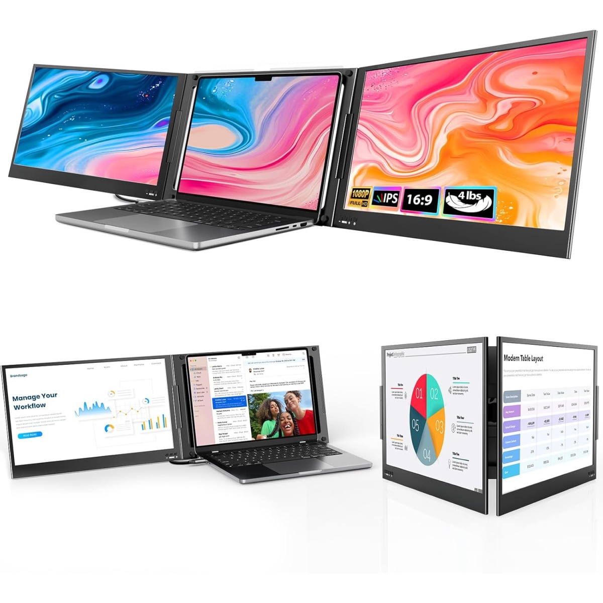 QQH Triple Portable Monitor for Laptop, 14'' FHD 1080P IPS Laptop Screen Extender, Ultra-Slim, with Kickstand, Plug & Play USB C/HDMI Monitor Compatible with 13-17'' Laptops, Windows, Mac, etc